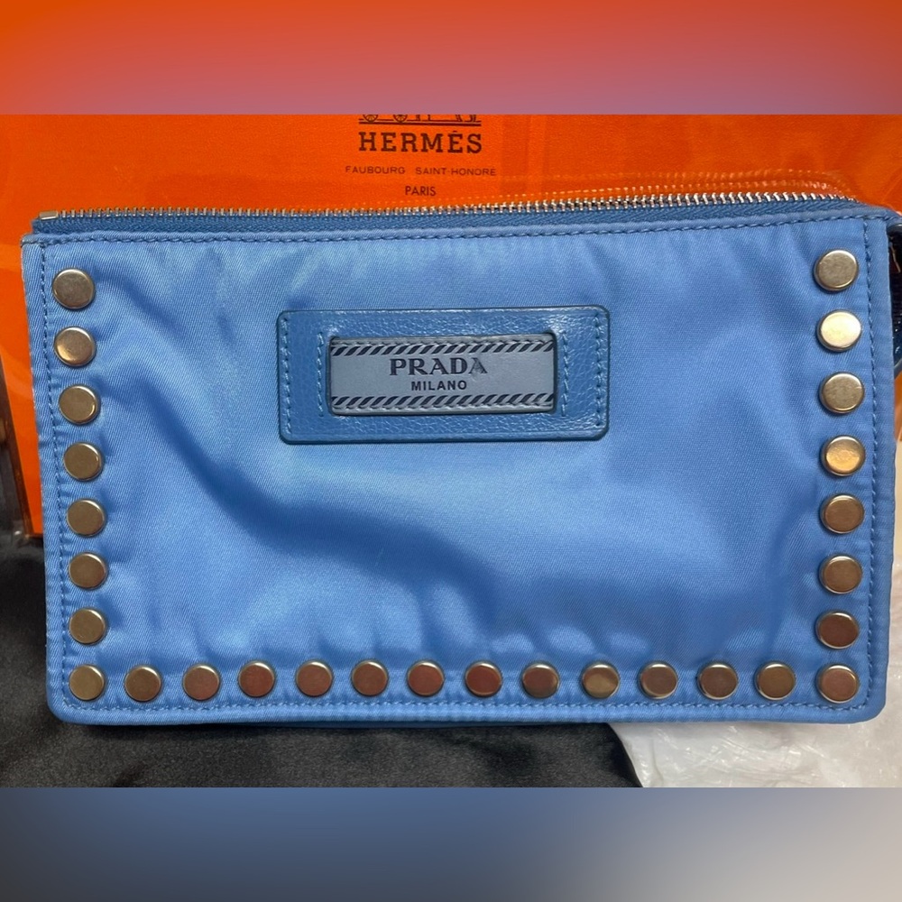 Prada - Tessuto Etiquette Nylon Accessories Pouch | Blue - Silver Studded - Picture 2 of 16